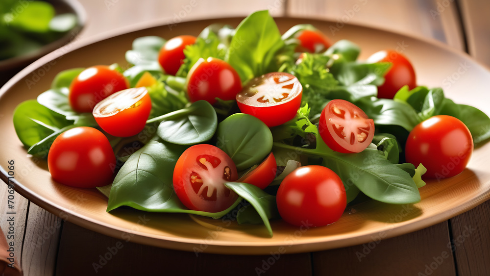 salad of tomatoes and greens lies in a plate, diet salad, a way to lose weight salad of tomatoes and greens lies in a plate, diet salad, a way to lose weight