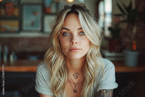 Portrait of a Beautiful Young woman with tattoo, long hair looking into the camera.