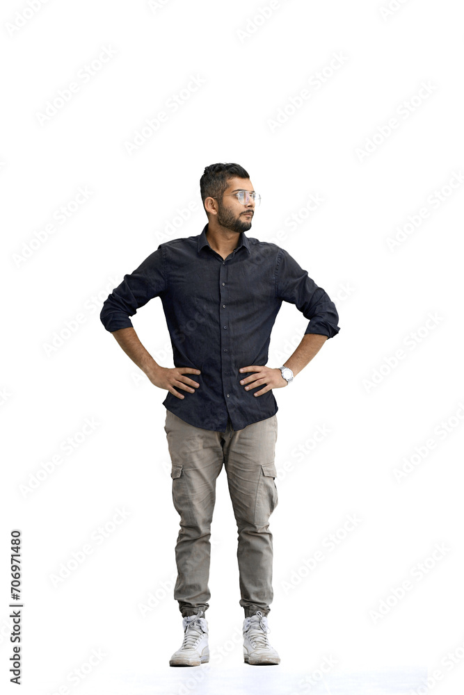 Man, on a white background, full-length, hands on hips