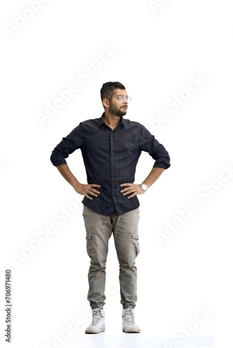 Man, on a white background, full-length, hands on hips