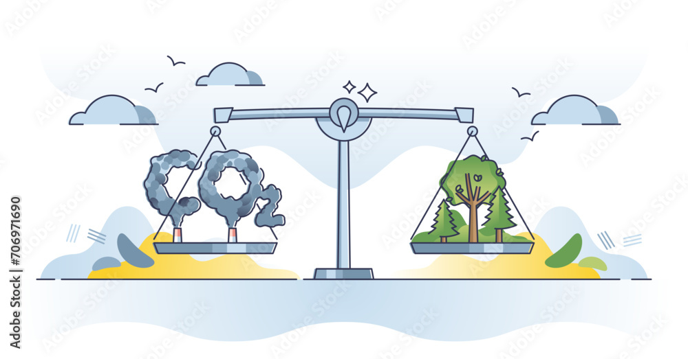 Carbon neutrality and equal CO2 emission balance with nature outline concept, transparent background. Greenhouse dioxide gases on scales with trees and forests that observes pollution. - obrazy, fototapety, plakaty 