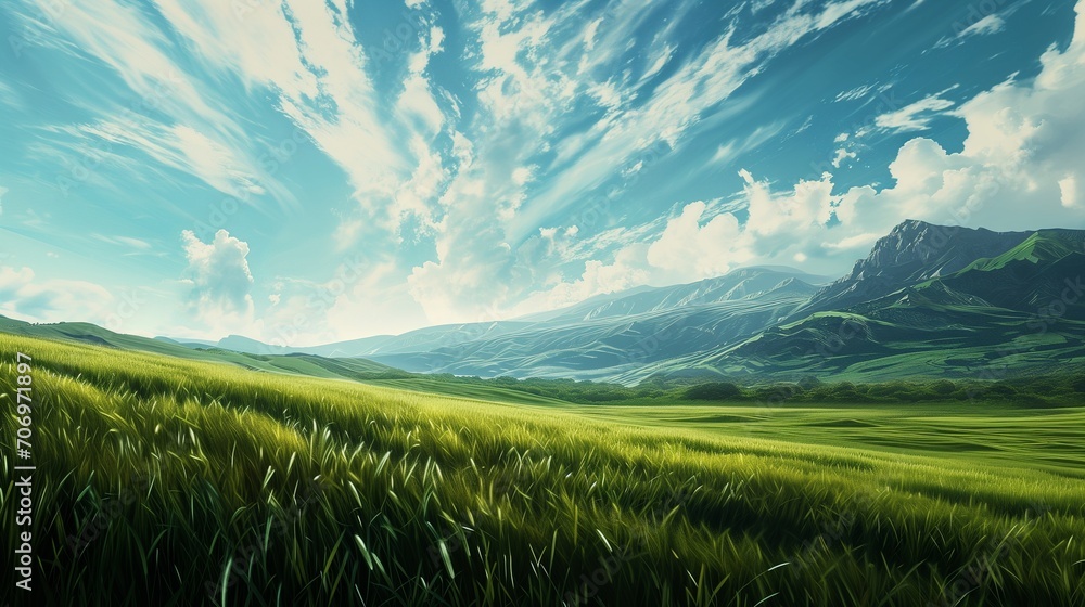 A majestic panorama featuring a vast field of fresh green grass, a sky painted with strokes of blue and white clouds, and the silhouette of mountains creating an awe-inspiring background.