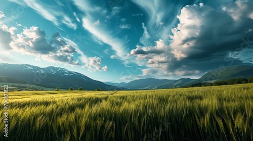 A majestic panorama featuring a vast field of fresh green grass, a sky painted with strokes of blue and white clouds, and the silhouette of mountains creating an awe-inspiring background.