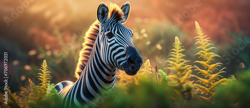 The zebra is looking towards a small group of plants  in the style of lens flare  photorealistic portraiture  wimmelbilder  horizontal stripes  photo-realistic landscapes  