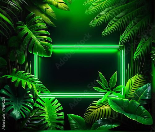 Mystrious jungle portal illustration Night Forest Background Green glowing neon light rectangle frame in the deep jungle with tropical green leaves palms plants leaf with Copy space and Mockup photo