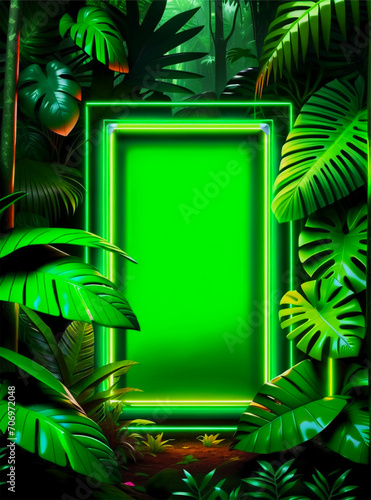 Mystrious jungle portal illustration Night Forest Background Green glowing neon light rectangle frame in the deep jungle with tropical green leaves palms plants leaf with Copy space and Mockup photo