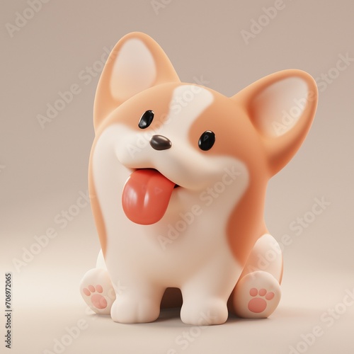 Cute funny kawaii fluffy cartoon orange corgi puppy with dot eyes  smiling face and red tongue sticking out of mouth in sitting playful pose. Lovely pet in minimal style. 3d render in pastel colors.