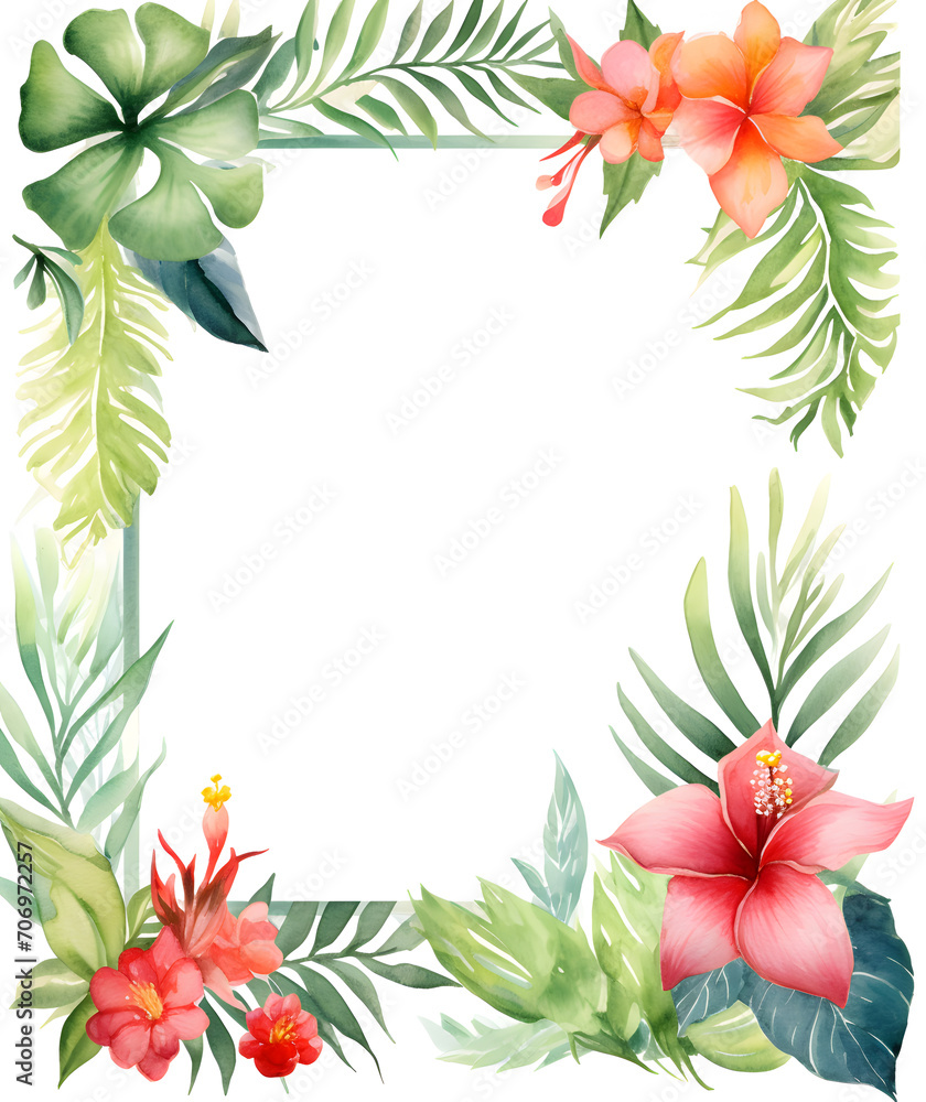 Watercolor frame with tropical leaves, flowers and jungle plants