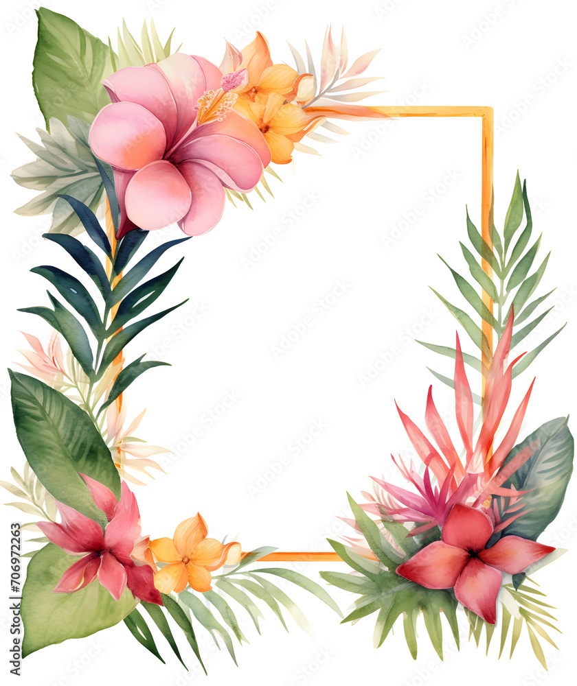 Watercolor frame with tropical leaves, flowers and jungle plants