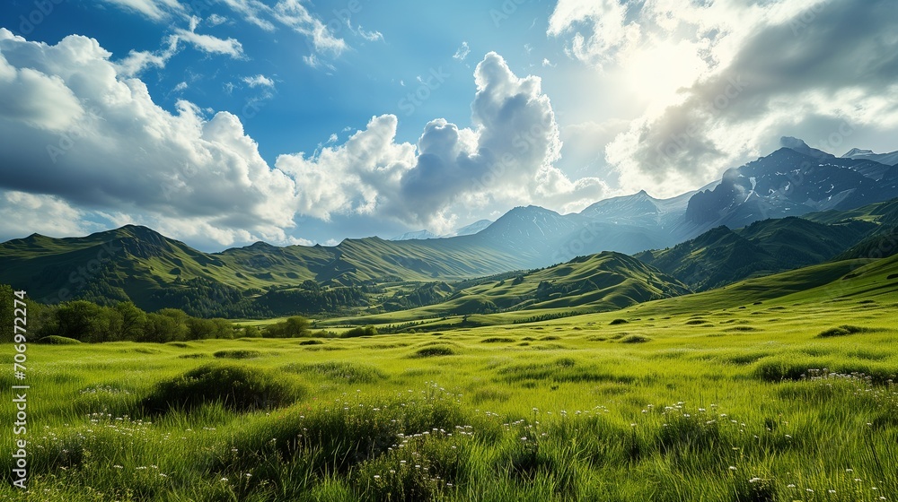 A panoramic landscape of a vibrant, green meadow under a high, cloud-swept sky, offering a breathtaking view of the distant, towering mountains