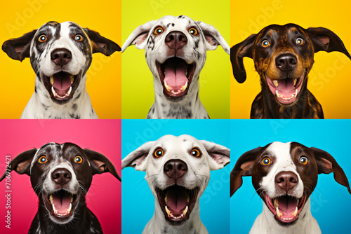 Several photos with dogs in four different colors, in the style of emotive facial expressions, saturated color field, focus stacking, bold, colorful, large-scale, wimmelbilder, cute and colorful

