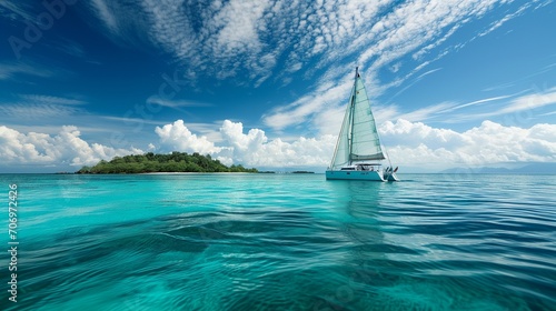 A panoramic scene of a catamaran sailing in the turquoise sea, beneath a sunny blue sky with scattered clouds, and a beautiful tropical island looming on the horizon photo