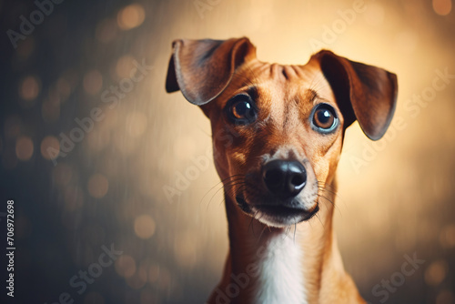 Photo portrait of dog with iris  in the style of light gray and light beige  simple  shiny eyes  chinapunk  minimalist backgrounds  emotive gestures and expressions  pentax espio mini  