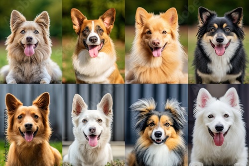 Dogs of different breeds collage. Cute doggies or pets are looking happy isolated on colorful or gradient background. Studio photoshoots. Flyer for your ad  Generative ai
