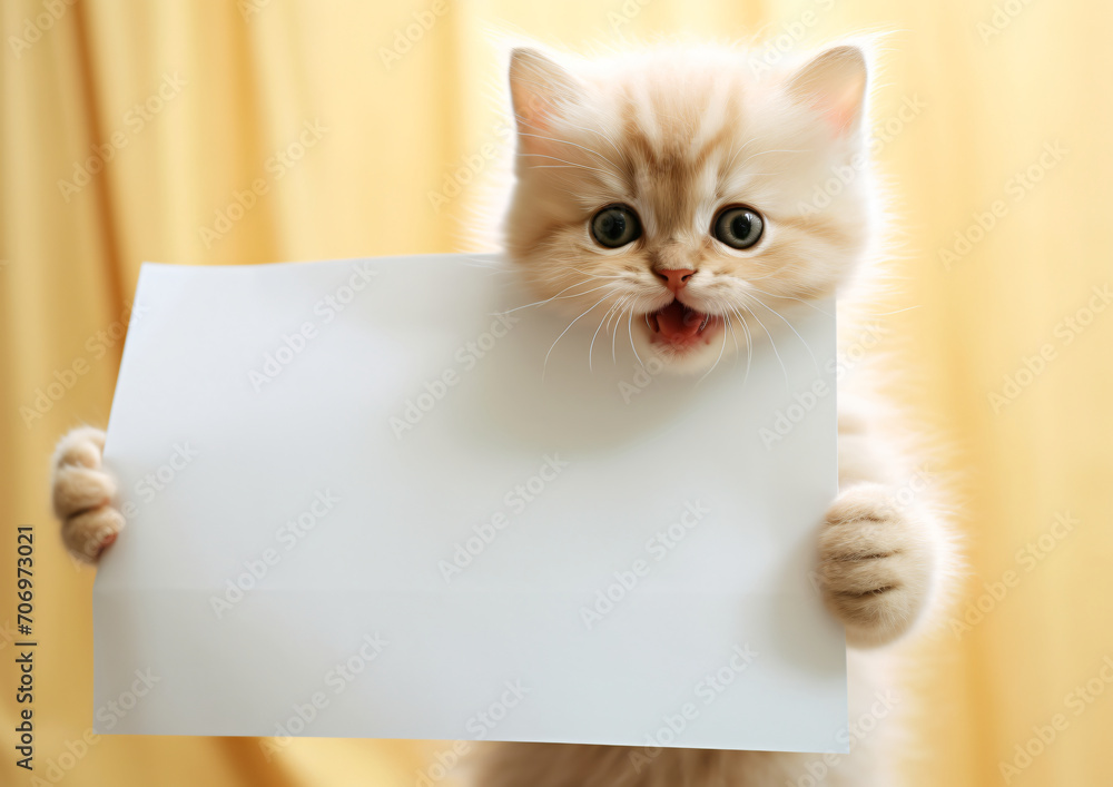Happy kitten holding an empty sheet with a smiley face, in the style of contact printing, popular imagery, portrait miniatures, close-up

