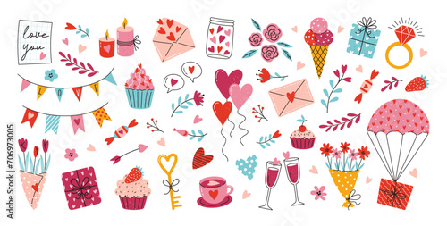 Valentine's day vector hand drawn elements set. Gift, heart, balloon, envelope, desserts, floral bouquets, candy and others other decorations. Cartoon style. Perfect for stickers and greeting cards.