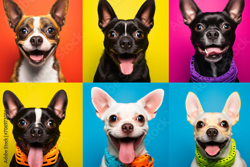 Several photos with dogs in four different colors, in the style of emotive facial expressions, saturated color field, focus stacking, bold, colorful, large-scale, wimmelbilder, cute and colorful