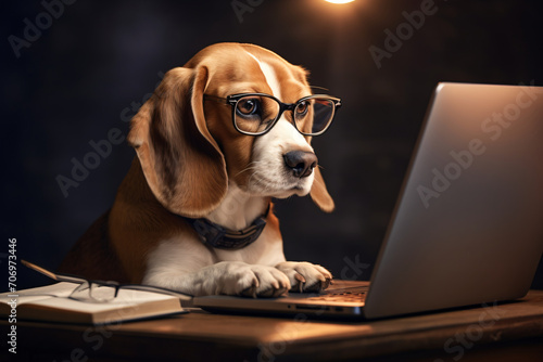Dabby beagle with glasses looking at a laptop, in the style of conceptual, purism, studyplace
