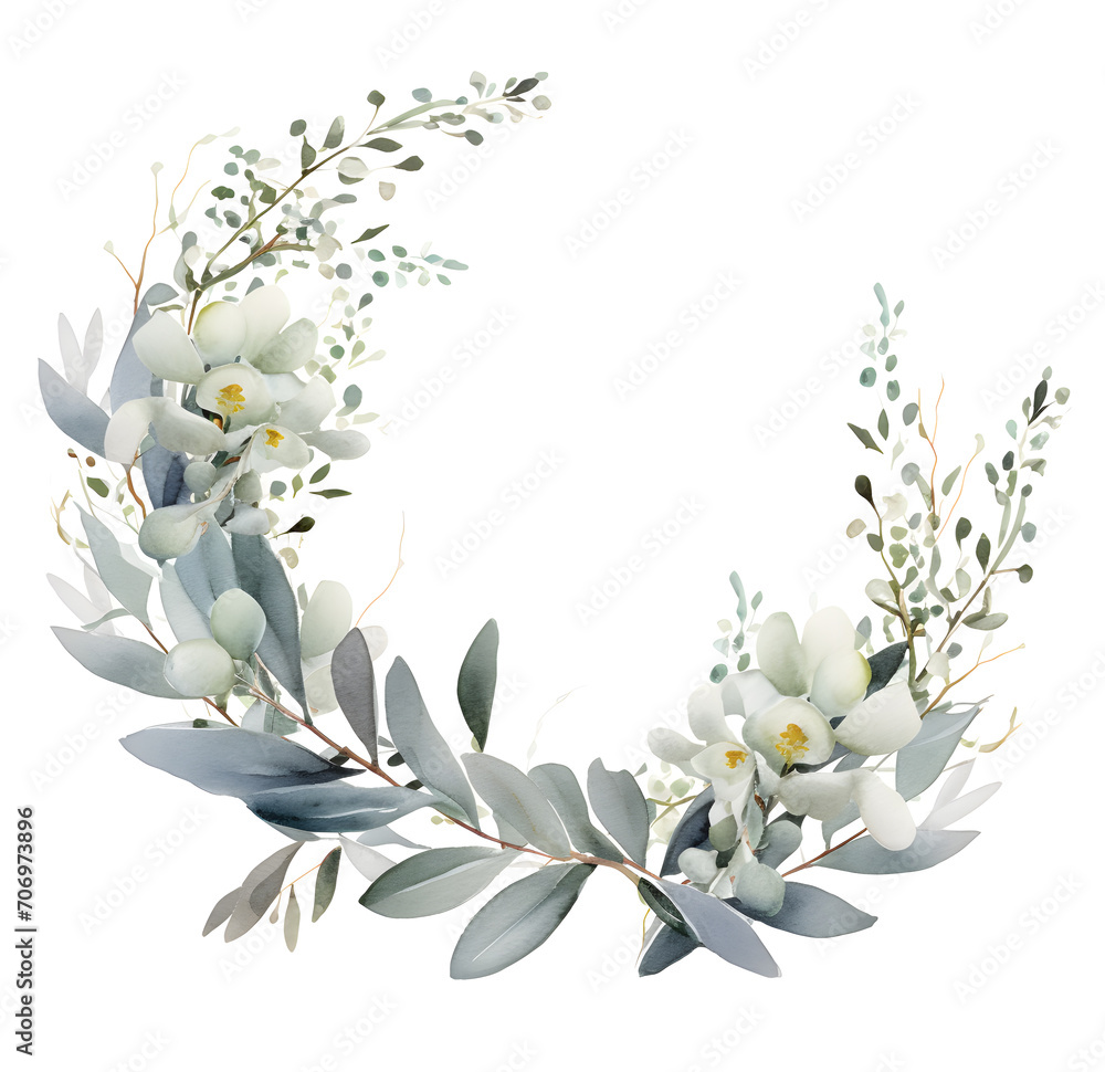Beautiful vector watercolor wreath with eucalyptus branches and flowers