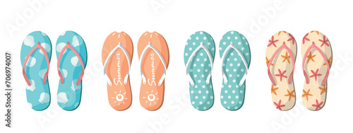 Vector set with colorful summer flip flops for beach holiday designs. Flip flops set isolated on white background. Slippers summer set