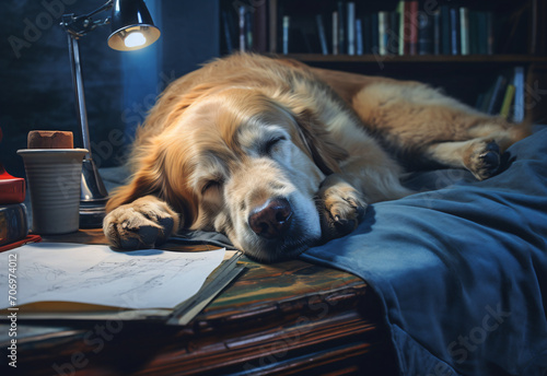 A large dog lying on a blue couch with books and glass of water, in the style of studyplace, neo-academism, photo, light brown and red, sleepycore, use of paper, dignified poses

 photo