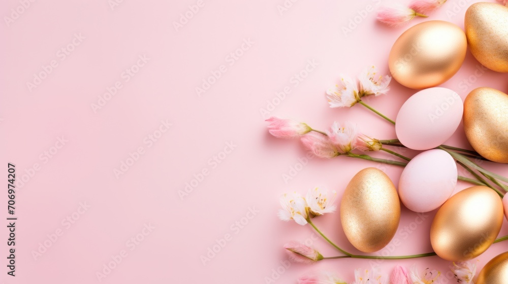 Easter background of golden eggs and pink flowers on pink. Religion tradition pattern. View from above. Flat lay style. Greeting card.
