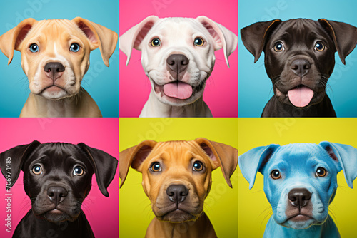 Dogs  headshots in one color  in the style of colorful composition  playful expressions  focus stacking  contrasting backgrounds  human emotions  bright color blocks  photo-realistic hyperbole
