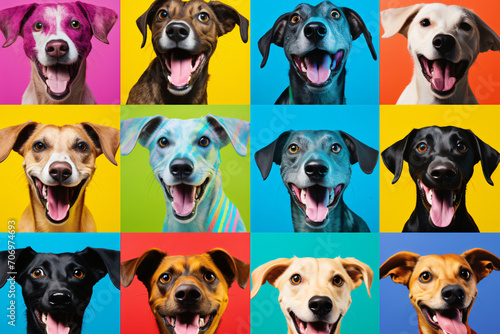 Dogs' headshots in one color, in the style of colorful composition, playful expressions, focus stacking, contrasting backgrounds, human emotions, bright color blocks, photo-realistic hyperbole © Possibility Pages