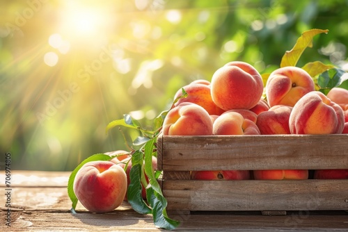 Fresh peaches in a wooden box on a table  blurred nature background
