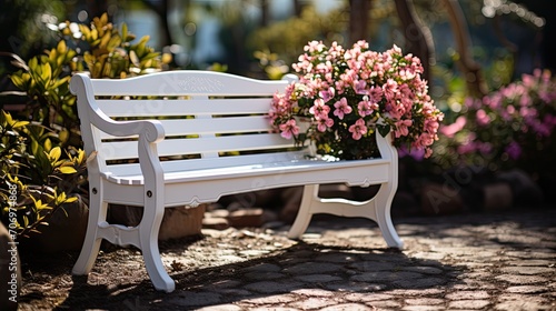 Fototapeta Naklejka Na Ścianę i Meble -  Close-up of empty white garden bench in garden in summer surrounded by blooming plants and flowers. Exterior of garden plot, background for furniture store, copy space, Generative ai
