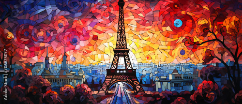 Eiffle tower mosaic stain glass style illustration photo