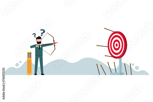 Blindfolded Businessman aiming the target. Miss the goal of success. Wrong business goals, wrong goals, conceptualization, wrong strategies, and failure metaphor. Vector illustration
