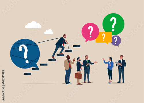 Businessman pulling heavy question mark sign in speech bubble up stair case. Employees do not understand orders and question. Flat vector illustration
