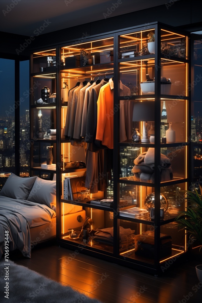 Fototapeta premium Bedroom with illuminated wardrobe in modern city apartment.