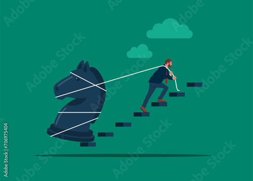Businessman pulling heavy horse chess up stair case. Strategy to win business competition, business challenge. Modern vector illustration in flat style