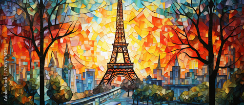 Eiffel tower mosaic stain glass stlye illustration