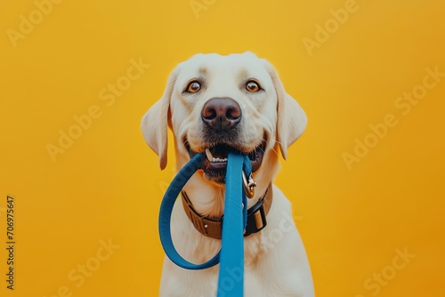 Adorable dog holding leash in mouth on white background