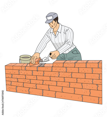 Cartoon vector occupational plasterer is plastering.