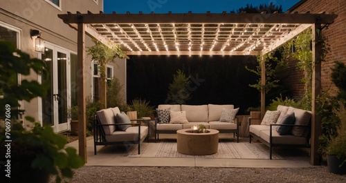 A pergola surrounded by greenery, gravel on the ground, simple patio furniture, string lights, night