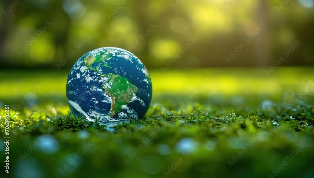 Crystal earth in green grass with sunlight, save the World Concepts Crystal earth in green grass with sunlight, save the World Concepts