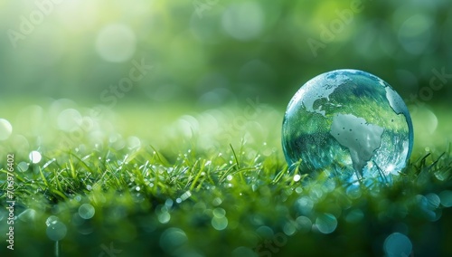 Crystal earth in green grass with sunlight, save the World Concepts