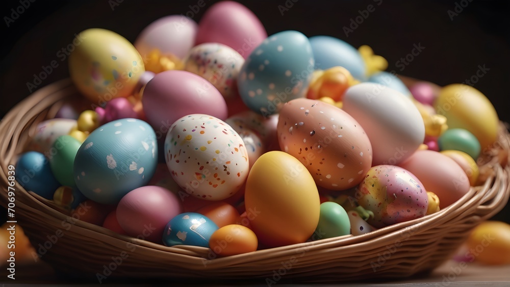 Overflowing Easter baskets filled with candies, eggs, and toys, generative AI, background image