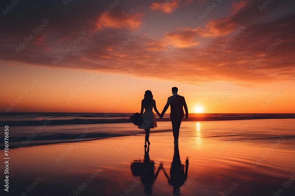 Couple walking hand in hand during a beautiful sunset, generative AI, background image