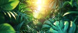 fish in aquarium, Jungle on a sunny day Beautiful tropical forest with exotic plants flowers palm trees big leaves and ferns Thicket of the rainforest Bright sun sunbeams through the foliage 
