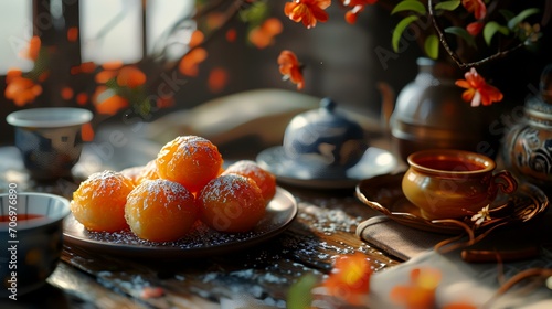 Delicious tangerine cakes on a wooden table. Toned.