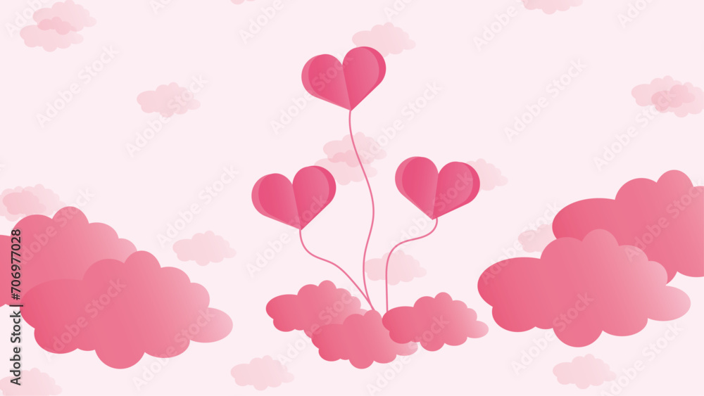 Paper elements in shape of heart flying on pink background. Vector illustration.