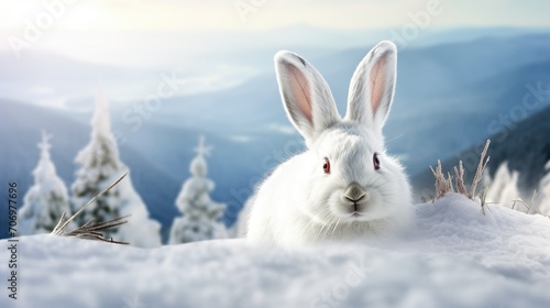Cute white bunny on a background of snow and blue sky.