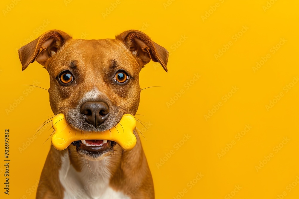 Adorable dog holding toy bone in mouth on white background
