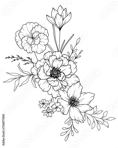 Spring Flowers Line Drawing. Black and white Floral Bouquets. Flower Coloring Page. Floral Line Art. Fine Line Flowers illustration. Hand Drawn flowers. Botanical Coloring. Wedding invitation flowers