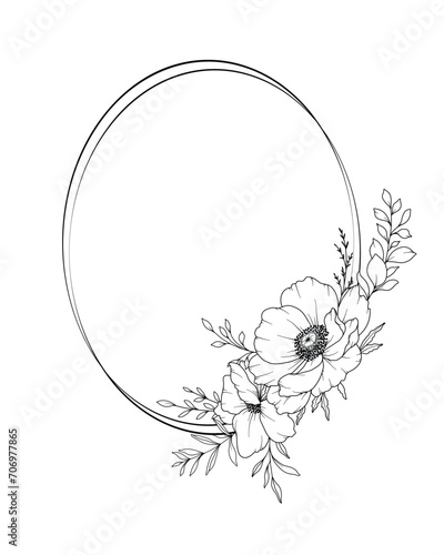 Spring Flowers Line Drawing. Black and white Floral Frames. Floral Line Art. Fine Line Flowers illustration. Hand Drawn Outline flowers. Botanical Coloring Page. Wedding invitation flowers